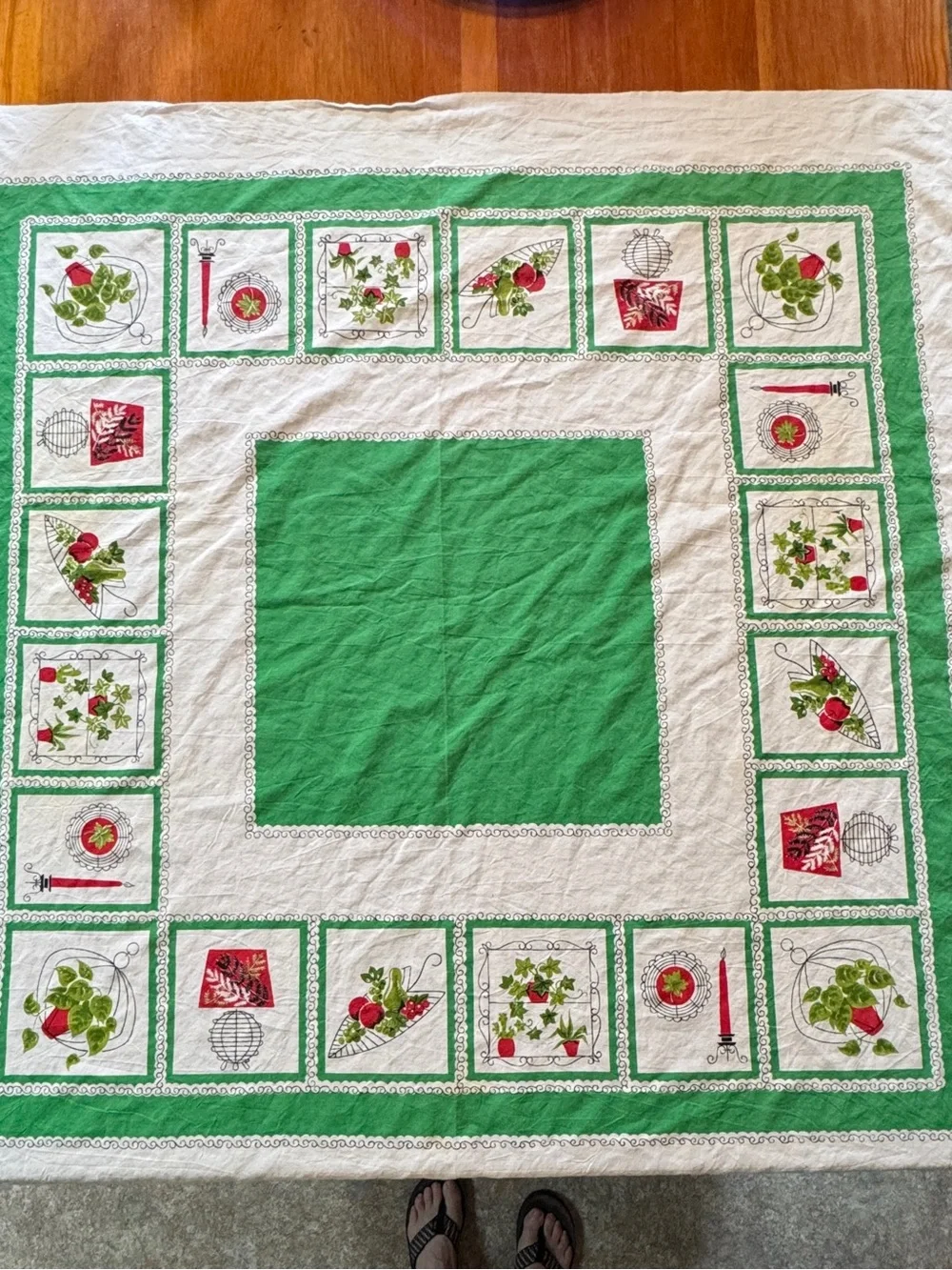 Green and White Botanical Tablecloth with Red Accents - Unbranded